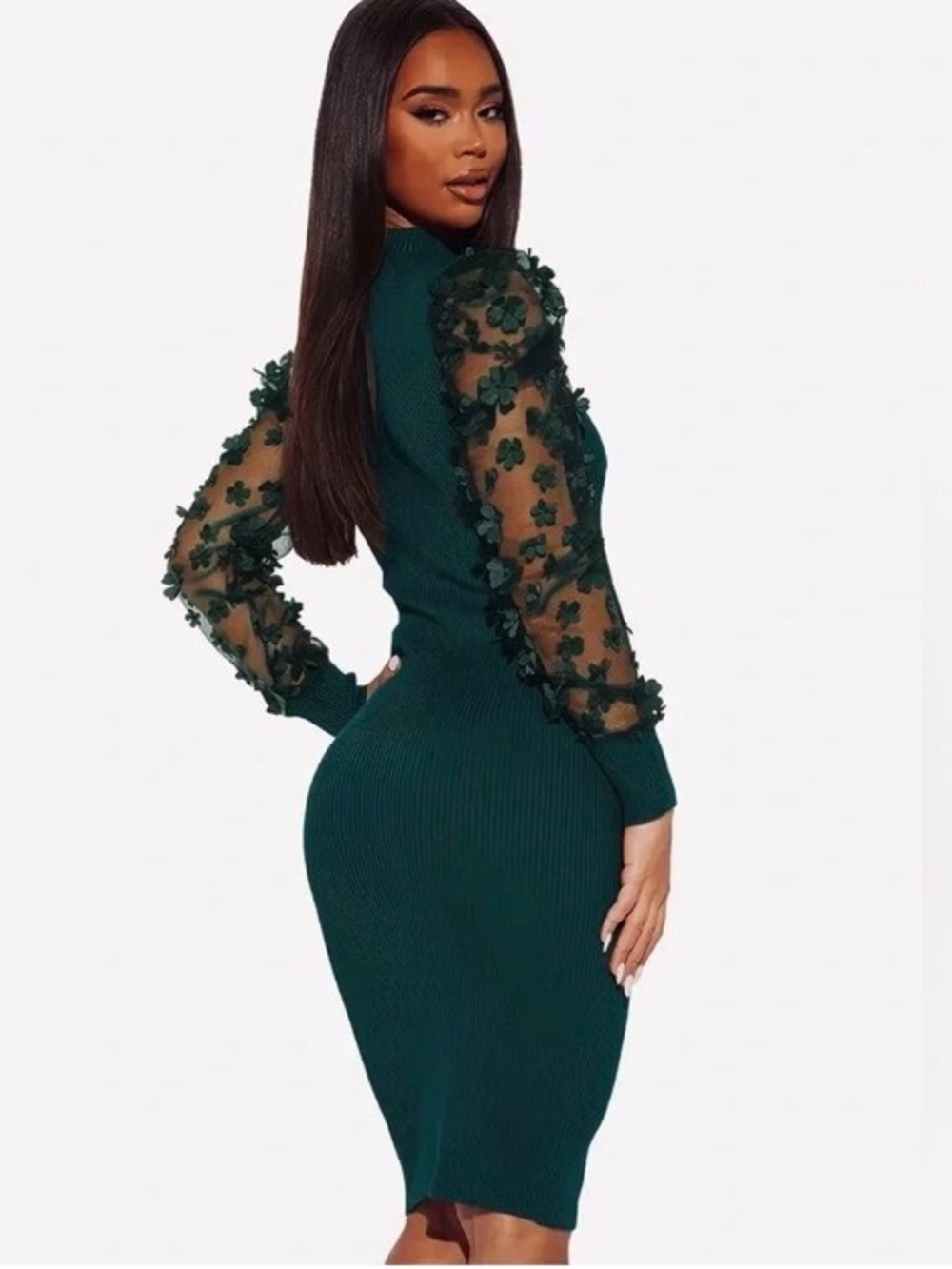 Almost Famous Women’s Green Ribbed Bodycon Midi Dress Sheer Puff Sleeves Size XL